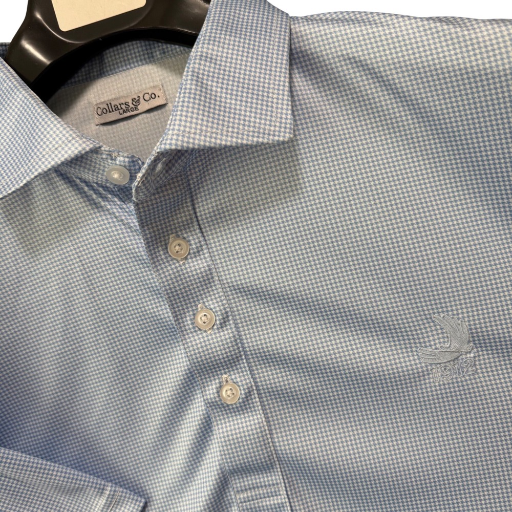 Collars & Co Shirt Polo Large Mens Light Blue Gingham Collar‎ Short Sleeve Poly